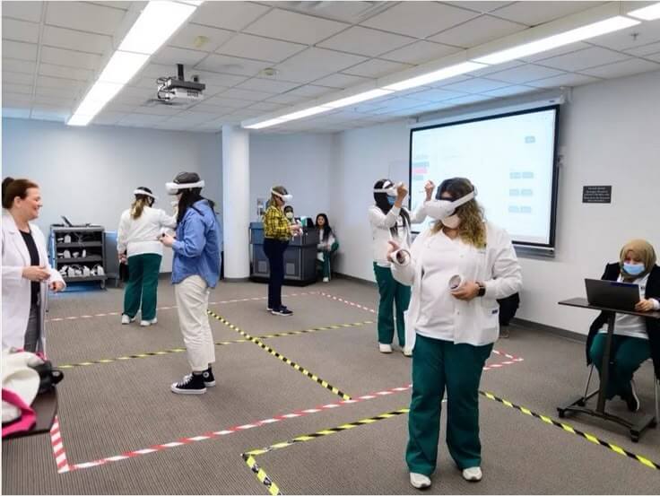 Students using virtual reality in classroom